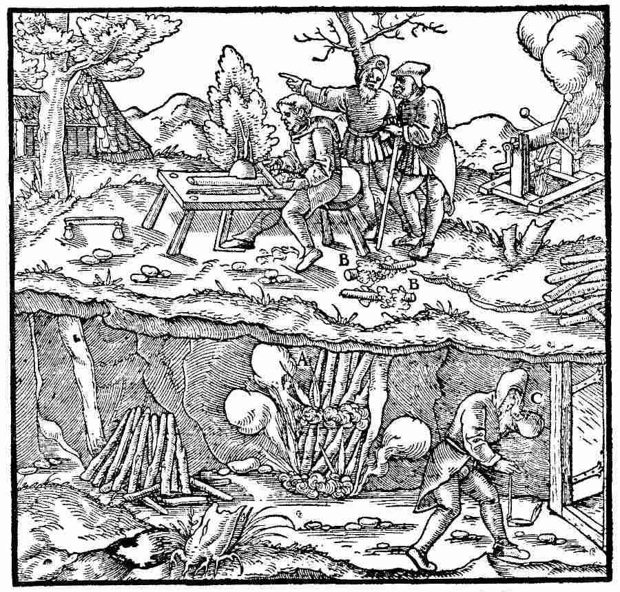 A woodcut: men breaking rock underground by fire, the parts keyed A, B and C.