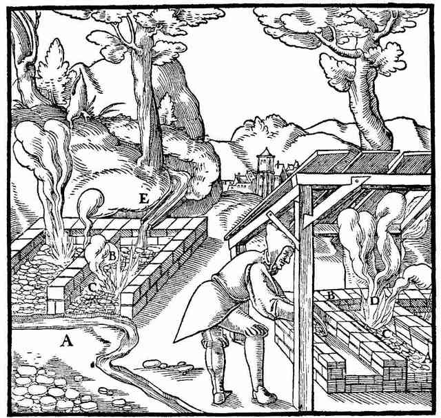 A woodcut: two long beds of ore burning in the open, smoke going up from both, a man bent over the nearer one, and a walled town small on the horizon.