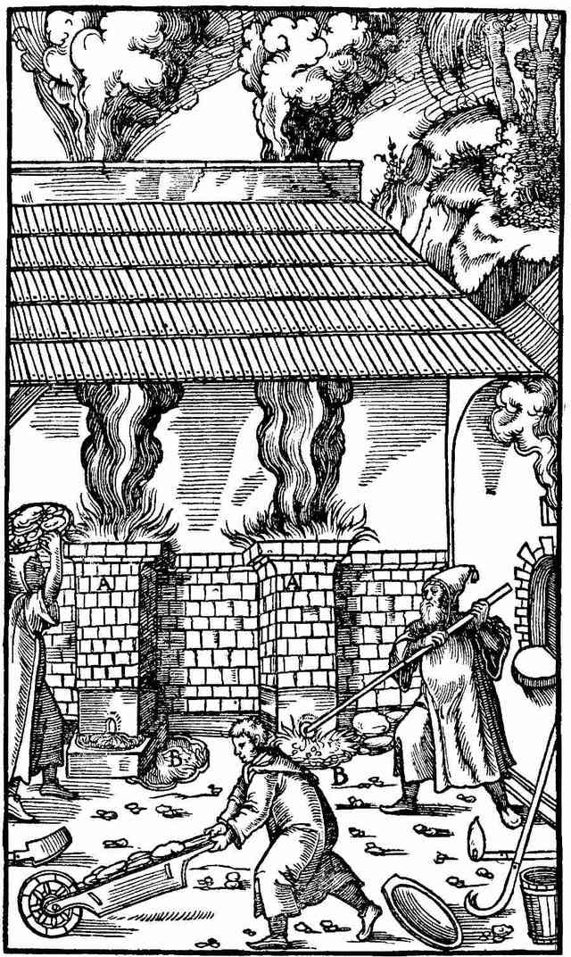 A woodcut: a long low building under a tiled roof, fires burning in a row beneath it, a workman wheeling ore.